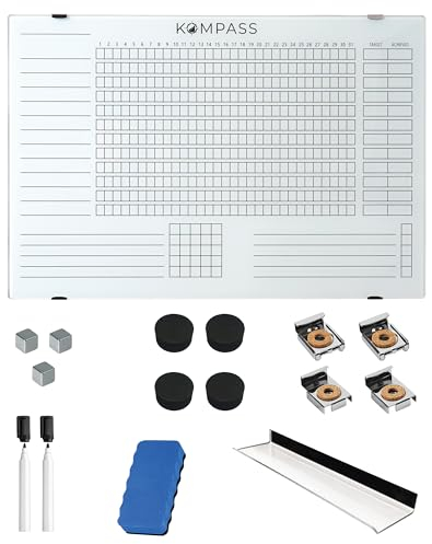 Kompass Habit Tracker | Vision Board | Magnettafel– Abwischbarer Wandplaner für Gewohnheiten, Ziele & Tägliche To Do Planung – Undatiert, Wiederverwendbar – Edles Acryl-Glas Whiteboard, 60*40 cm, Weiß