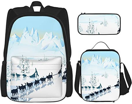 BAAROO 3-teiliges Set Rucksäcke Husky Nordpol Snowy Mountains Hund Schlitten Büchertasche Reise Camping Arbeit Schule Tasche Federmäppchen LUN, farbe, 5.0cm*10.5cm*20.5cm, federmäppchen