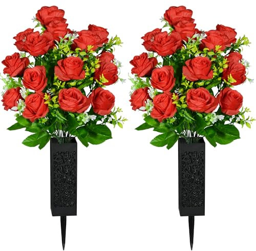 SIFOEL 2 pezzi fiori artificiali del cimitero con il vaso, fiori artificiali della tomba della rosa per la decorazione della lapide del cimitero (Red)