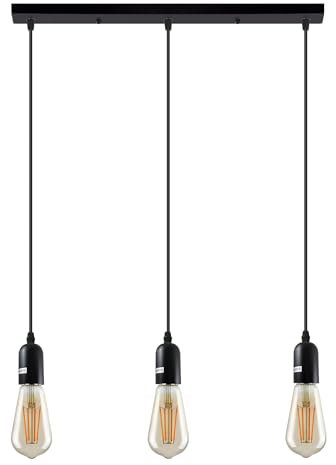 LEDSone Lighting Industrial Cluster 3 Way Pendant Light Fittings, Loft Bar Triple Hanging Pendant Ceiling Lights for Kitchen Island Living Room (Black, with Bulb)