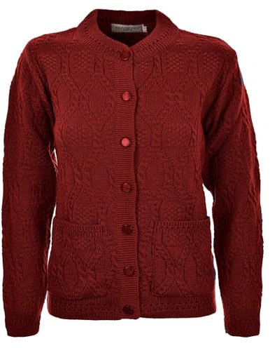 Miss Trendy Womens Ladies Knitted Crew Neck Pocket Front Button Up Aran Cardigan Red 18-20