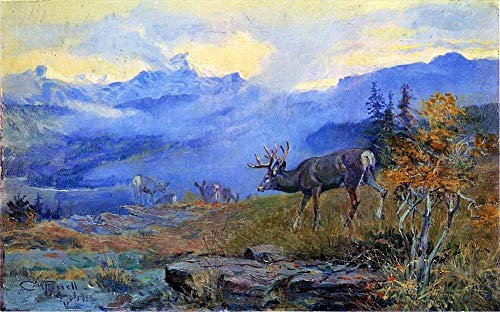 Toperfect 7 Kunstgemälde grasende Hirsche, 1912, Charles Marion Russell, Landschaftstiere, Ölgemälde auf Leinwand, Wanddekoration 01, €50-2000, handgemalt von Lehrern der Kunstakademien