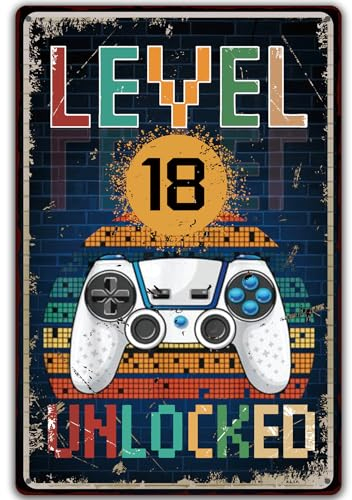 Retro Blechschild 18. Geburtstag Junge, Level 18 UNLOCKED, 18 Jahre Geburtstag Deko, lustiges Geburtstagsschild 18, Gamer Geburtstagskarte 18, Teenager Metallschild Geschenk Gamer Geburtstagsgeschenk