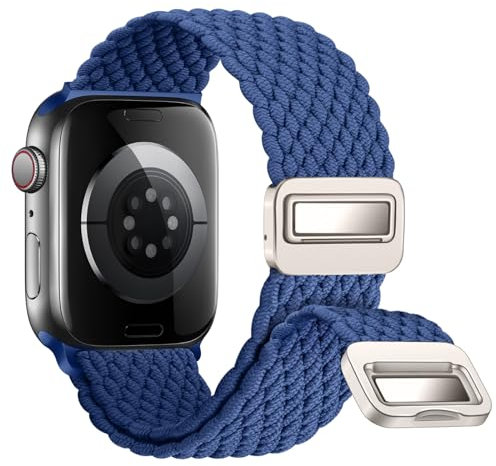 Nepfaivy Geflochtenes Armband Kompatibel mit Apple Watch Armband 40mm 41mm 38mm 42mm, Nylon Elastisches Band mit Magnetischer Schnalle für iWatch Series 10/9/8/SE/7/6/5/4/3/2/1, Blau