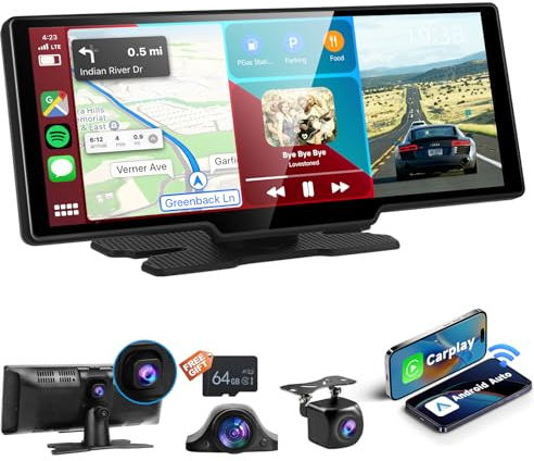 Podofo Radio de voiture portable 10,26 Carplay Android Auto 3 voies caméra HD écran tactile avec navigation/Bluetooth, caméra de recul 2,5 K avant/AHD, émetteur FM/DVR USB/AUX avec carte SD