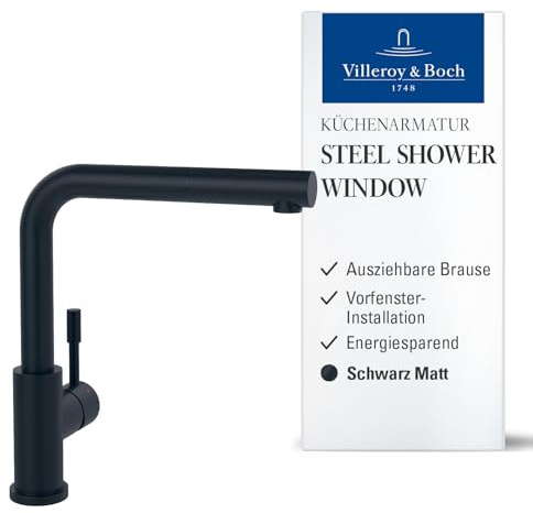 Villeroy & Boch Steel Shower Window Küchenarmatur, Höhe 272 mm – Schwarz | Ausziehbare Handbrause, energiesparende Kaltstart-Funktion, Vorfenster-Installation, Hochdruck, 96990106
