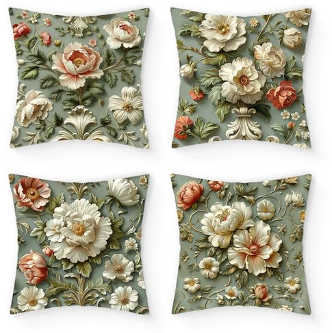 Umootek 4 x Vintage-Kissenbezüge, pastoral, bedruckt, 45,7 x 45,7 cm, realistische Blumen, Kunst, dekorative Kissenbezüge für Couch, Sofa, Bett, Stuhl, Heimdekoration (kurzer Plüsch)