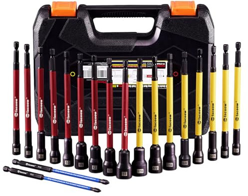 Facoow Magnetic Nut Driver Set for Impact Drill, 19 Pcs with Metric & SAE Including PH1 & PH2, 6 Inch Extra Long Nut Driver Set with Storage Case, Durable for Professional and Diy Projects