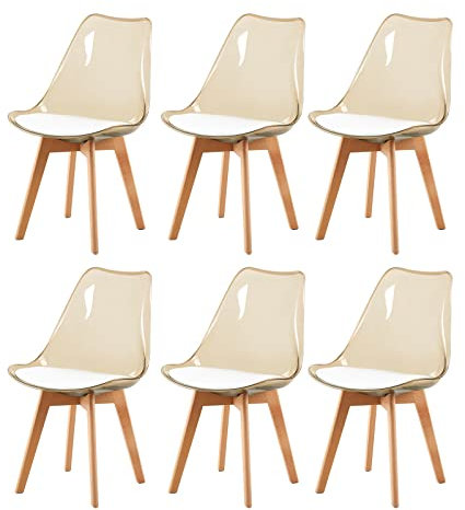 H.J WeDoo 6er Set Braun Transparente Esszimmerstühle im Skandinavischen Stil, 6 Küchenstühle Massive Buchenholzbeine mit Weißem PU Leder Sitzkissen