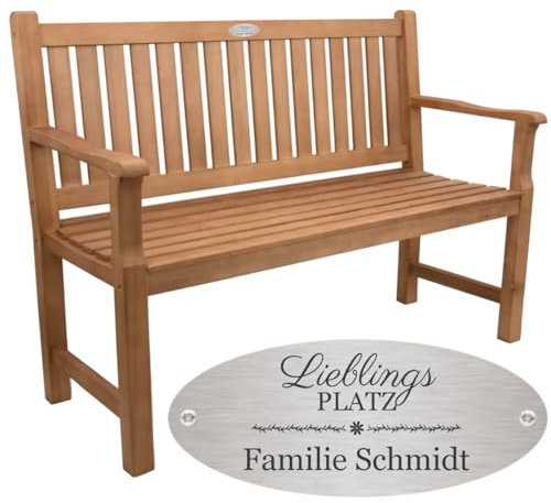Sterngraf Bank zum Geburtstag mit Gravur-Schild zB. Lieblingsplatz (Namen), Gartenbank 120cm Holz Armlehnen-Bank, Edelstahlschild personalisiert Geschenk-Idee zum Jubiläum