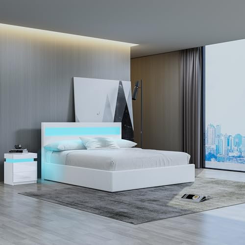 White Bed Frame with Storage, Faux Leather Bed with LED Headboard, Modern Ottoman Gas Lift Storage Bed Frame 4FT6 Double, for Bedroom Furniture
