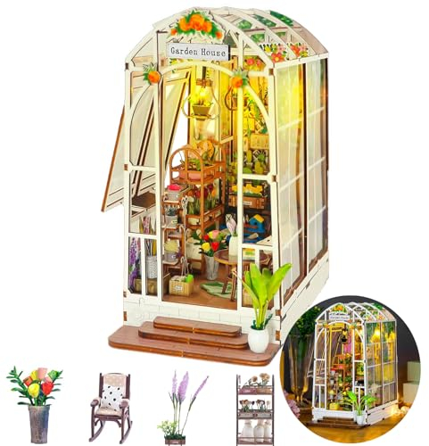 DIY Book Nook Kit, Maquette Maison de Jardin avec Meubles et Lampe Led, Puzzle 3D étagère Serre-Livres Décor, Kit de Modèle de Maison Miniature à Faire Soimême, Cadeau de Vacances pour Adultes Enfants