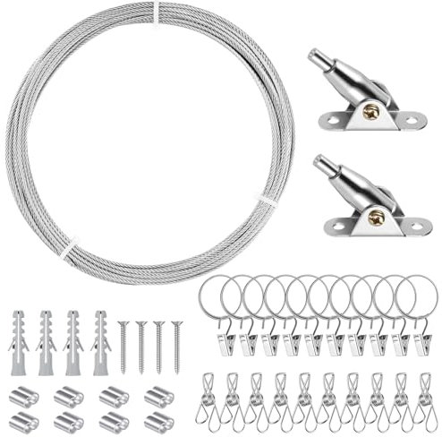 Celepoir Cavo Acciaio 2mm x 10M, Regolabile Cavo Acciaio per Tende con 2 Morsetto di Montaggio, 2 Tipi Ganci a Clip Metallo, Filo Inox Rivestito per Soffitto o Parete, Filo Inox per Tende, Luci