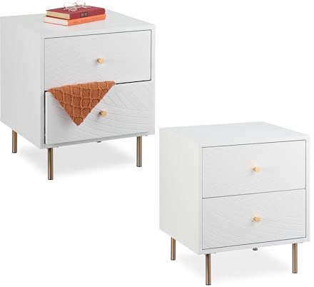 Relaxdays Nachttisch 2er Set, 2 Schubladen, Nachtschrank Schlafzimmer, Beistelltisch, HxBxT: 52 x 45 x 40 cm, weiß/Gold