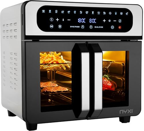 Nyxi 20L Air Fryer Oven with Dual French Glass Doors, Visual Window, 13 Cooking Modes, Digital Control, Adjustable Temperature, Timer, Non-Stick Tray, 12 Accessories, Stainless Steel