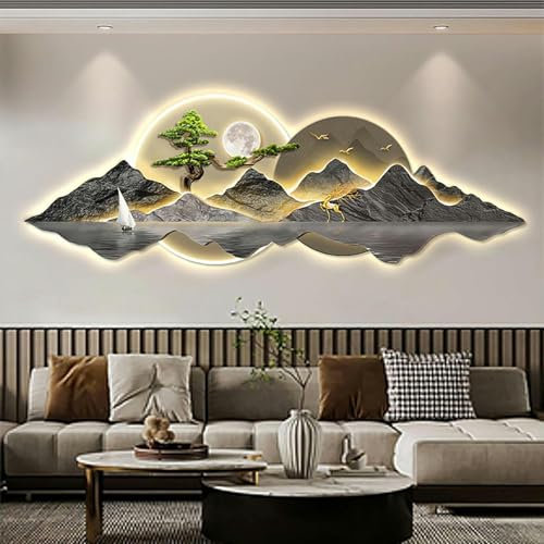 FKINGLRK Decoración de Pared 3D, esculturas de Pared, Arte Colgante de Pared con luz LED, lámpara de decoración de Arte de Pared, Pinturas Colgantes de Pared de Estilo Chino para Dormitorio, Entrada