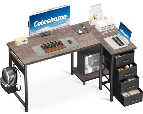 Coleshome Computer Desk with Drawers, 120x70 cm Corner Desk for Home Office, Reversible L Shaped Office Desks Grey