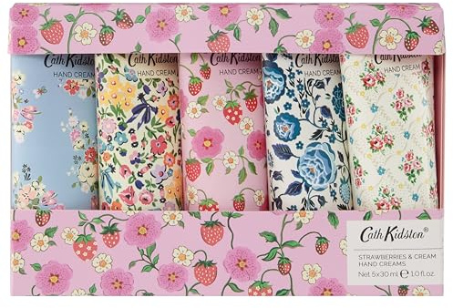 Cath Kidston Hand Cream Gift Set, 5 x 30ml, Shea Butter Moisturiser with Vitamin E, Vegan and Cruelty Friendly, Fits in Pocket and Handbag, Gift for Her, Beauty Self-Care, Strawberry and Cream Scent