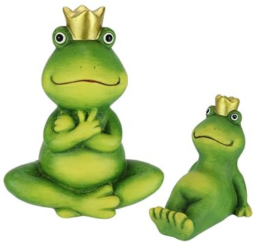 Deko Garten Figur Froschkönig 2er Set 9+18 cm Frosch Terrakotta Grün mit Gold-Krone Dekofigur Märchenfrosch Gartendeko Tierfigur für Frühling Sommer Herbst Garten Deko Statue Gartenfigur, Mit Krone