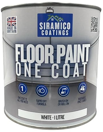 SIRAMICO COATINGS One Coat Anti-Slip Floor Paint | 1 Litres | 5 Modern Colours I Waterbased, Quick Drying Formula | White, Black, Greys (White, 1 Liter)