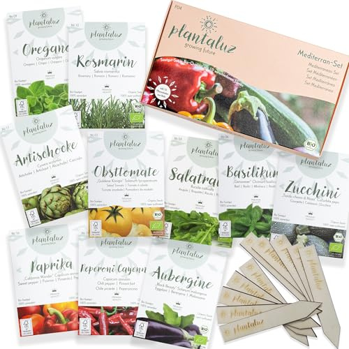 Plantaluz Bio Saatgut Set Mediterran – 10 Sorten Gemüse & Kräuter | Mediterranes Gemüse & Kräuter Samen, Samenfeste Bio Qualität, FSC Holzstecker, Für Balkon, Garten & Hochbeet