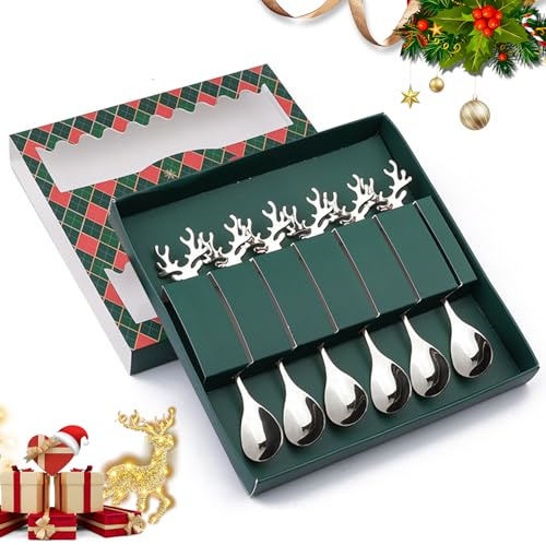 Kleinigkeiten für Adventskalender, panemy Edelstahl Weihnachtslöffel, Wichtelgeschenke Weihnachten, Geschirr Weihnachten, Geschenk Kaffeel Kuchenlöffel Tee Löffel, Marmeladenlöffel (6, S Hirsch)