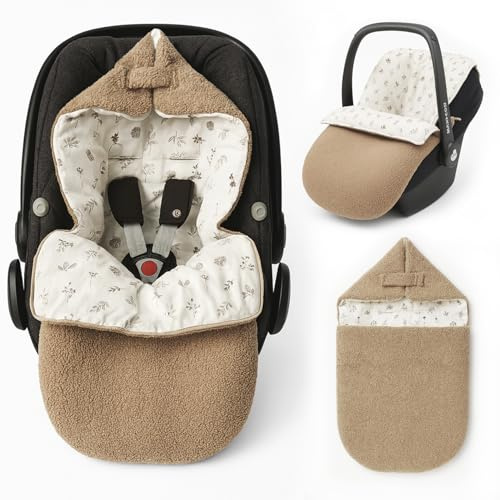 Fußsack für Babyschale Ganzjährig Frühling Herbst Babyfußsack warm Boucle, Übergang Einschlagdecke Babyschale Baby Kinderwagen universal 3-Punkt und 5-Punkt Gurt beige
