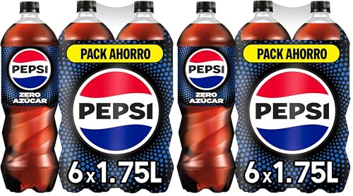 Pepsi zero Refresco de cola con cero azúcar y cero calorías, packs de 6 botellas de 1.75 litros, 10.5 litros en total (Paquete de 2)