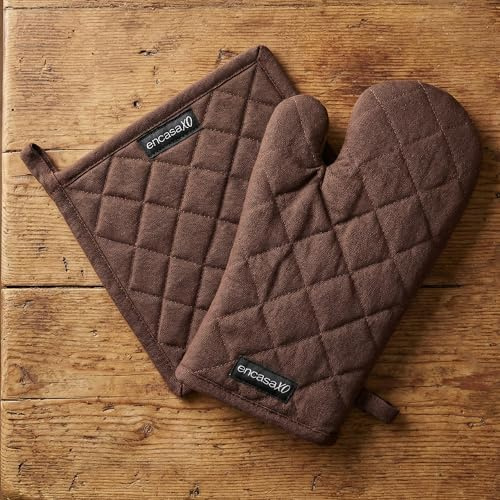 Encasa XO Ofenhandschuhe & Topflappen, Hitzebeständig, Küche | Dunkeltaupe & Beige, 100% Baumwolle | Rutschfester Griff | Mikrowellen- & Ofenfest | Maschinenwaschbar
