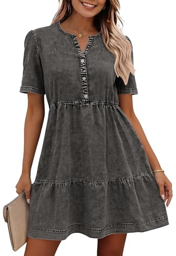 Ancapelion Denim Dress for Women Babydoll Short Sleeve Button Down Jean Shirt Dresses Summer Cotton Casual Dresses Dark Grey S