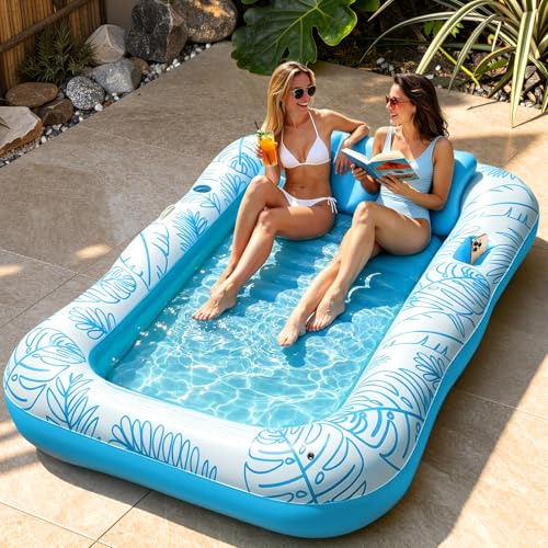 Amteker Aufblasbare Tanning Pool Bed Für 2 Erwachsenen,84 x 56 Sonnenpool Lounger Mit Kissen, Getränkehalter & Handyfach, Sonnenliege Luftmatratze, Pool Zum Sonnen Für Garten & Strand