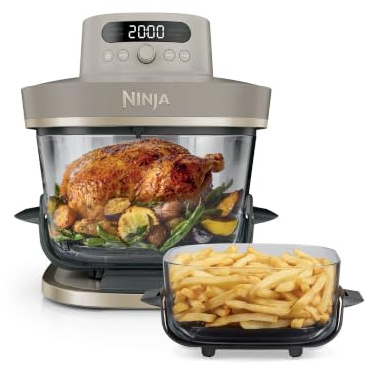 Ninja CRISPi PRO XL, Freidora de Aire, Dorado Piedra, AS090EUSD | 5 Funciones de Cocción Predefinidas, Recipientes de Cocción de Cristal CleanCrisp de 5,7 y 2,3 L y Tapas para Almacenamiento