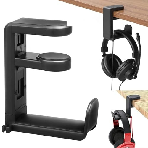 Oneyee 1 Pcs Black Headphone Stand Holder With Cable Clip | Soft Rubber Cable Clip Gaming Headset 360 Degree Swivel Adjustable Springed Clamp Headset Desk Hook