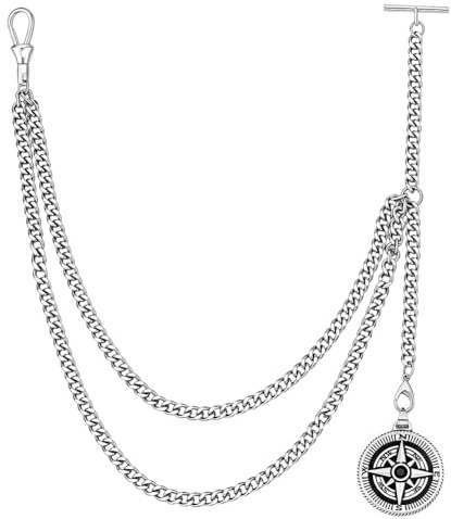 PH PandaHall 13.4 inch Pocket Watch Chain Antique Silver Suit Wallet Chains, Vintage T-Bar Pocket Watch Chain with Compass Pendant for Men Daily Wear Formal Events Birthday Wedding Gift