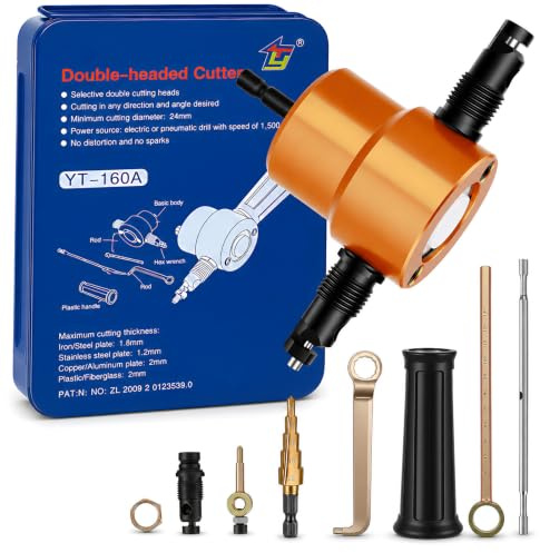 Double Head Metal Nibbler Cutter, 360° Nibbler Drill Attachment for Straight Curve Circle Cutting | HSS Sheet Metal Cutter with Step Drill Bit & Replacement Blades, Max 14 Gauge Steel