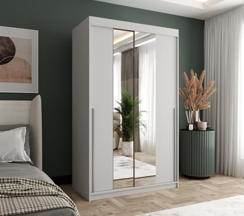 Home Collective Schwebetürenschrank mit Spiegel Kleiderschrank Garderobe 2-türig mit Einlegeböden und Zwei Kleiderstangen wählbare Handgriffe Mehrzweckschrank 120cm Breite weiß mit silbernem Griff