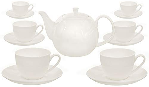 Buchensee Kaffeeservice aus Fine Bone China Porzellan. Tee- / Kaffeekanne in fein-cremigem Weiß mit 1,5l Füllvolumen, 6 Kaffeetassen und 6 Unterteller.