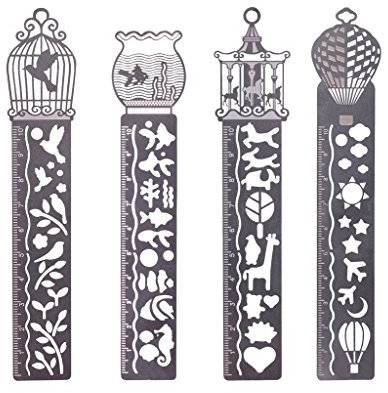 FunRun 4 Stück Ausgehöhltes Metall-Lesezeichen-Set, geeignet als Zeichen-Vorlage, Lineal, Schule, Büro, Geschenkidee für Kinder/Studenten, zum Basteln, Fotoalbum, Tagebuch, Zubehör