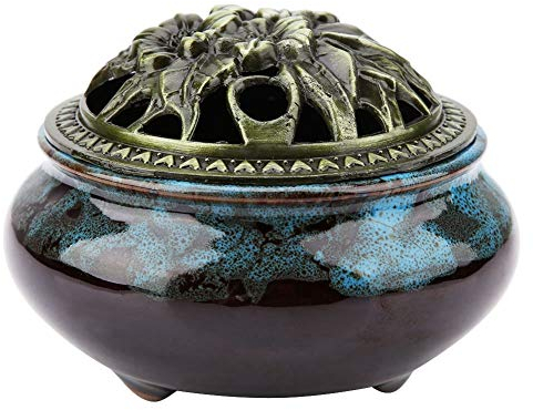 Brûleur d'Encens en Céramique, Porte-Encens en Céramique avec Encensoir en Porcelaine en Calebasse en Laiton pour Ornement de Salon de Thé(Jewerly Blue)