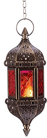 Nuptio Linterna Vela Marroquí Candelabros Colgantes para Velas Té Lámpara Ramadán Metal y Vidrio, Farolillos Decorativos Marrones Velas para Sala Balcón Patio Decoraciones Navideñas, 1 Pieza
