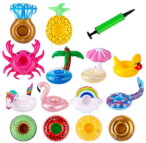 SAVITA 14 Stück Aufblasbare Getränkehalter Pool Coasters Flaschenhalter Mit 1 Luftpumpe Flamingo Einhorn Schwimmend Getränkehalter Set für Sommerpool Party Deko