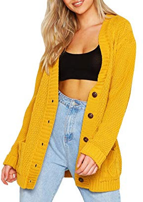 Elegant Womens Chunky Cable Knit Cardigan Daisy Button Everyday Aran Long Sleeves Grandad Plus Sizes UK (Mustard, M/L (12-14))