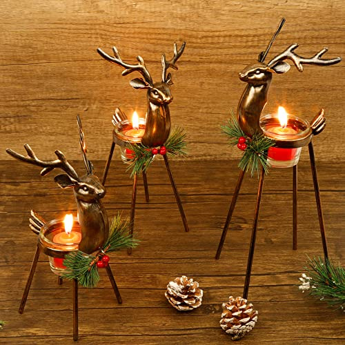 Juegoal Lot de 3 bougeoirs en Forme de Renne, décorations de Noël en Fer sur Pied, bougeoirs votifs en Verre, durables et antirouille