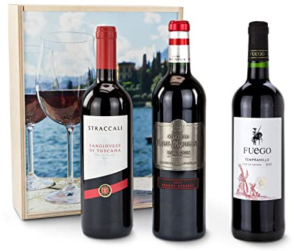 Römer Präsente Geschenkset Mediterrane Weinreise mit 3 Rotweinen: 1 italienischer Sangiovese Toscana, 1 französischer Bordeaux Château Haut- Mouleyre und 1 spanischer Bio Lacruz in Holzbox