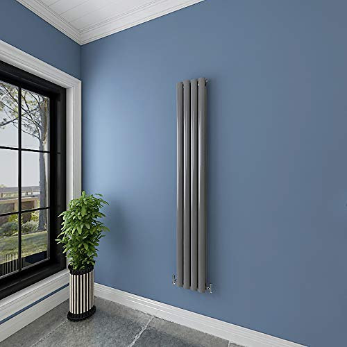 Acezanble∣Anthracite Radiators Double Oval Column Panels Vertical 1600mm Slim Tall Radiator Centre Heating for Bathroom Kitchen Living Room Small Large Average