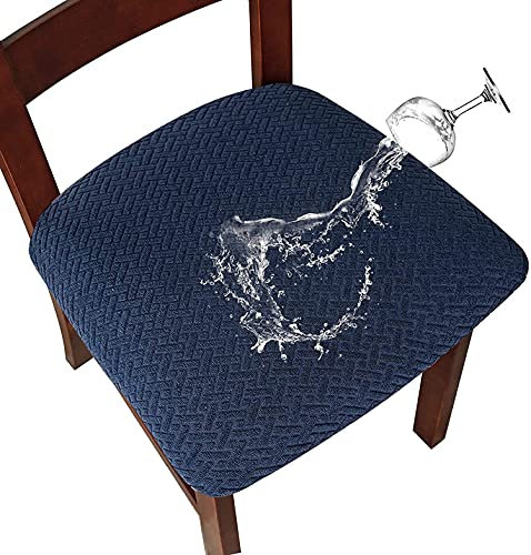 LANSHENG Housse de Chaise 2/4 Pièces Housse de Coussin de Chaise Housse de siège de Chaise imperméable Démontable Housse Assise Chaise Elastique Jacquard Lavables pour Salle à Mange (Bleu Marine, 4)