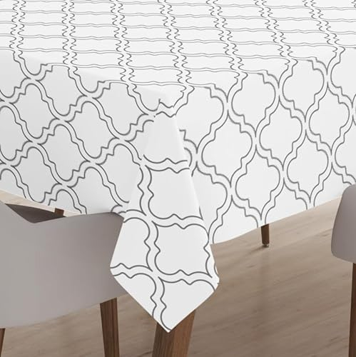 Encasa XO Bedruckte Tischdecke 140x180 cm für 4 to 6 Seater Esstisch, 100% Baumwolle, maschinenwaschbar, strapazierfähig, rechteckig, für Zuhause, Restaurant, Bankett - White Tiles