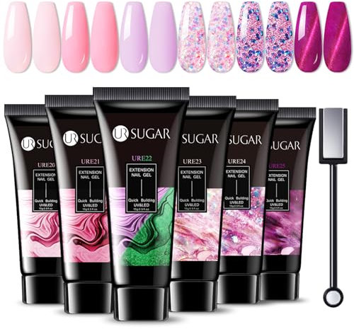 UR SUGAR Polygel Set, Cateye Magnet Poly Extension Gel Nägel Sets Nagelverlängerung Builder Gel, 6 Farben Rosa Glitzer Leuchtet im dunkeln Poly Nagel Tuben für Nägel Nagelset 15ml