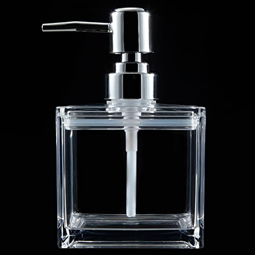HONJAN Transparenter Acryl-Seifenspender, 383 ml, quadratischer Lucite-Seifenspender mit Pumpe (Chrom), nachfüllbar, Handseife, Flüssigseife, Seifenschale