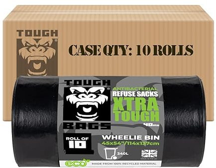 TOUGH BAGS Antibacterial 240L Wheelie Bin Refuse Sacks - 114 x 137cm 40 μm, 10 x 10 Bag Rolls - Xtra Tough & Strong Bin Liners Bin Bags - Perfect for Domestic, Commercial and Industrial Environments.